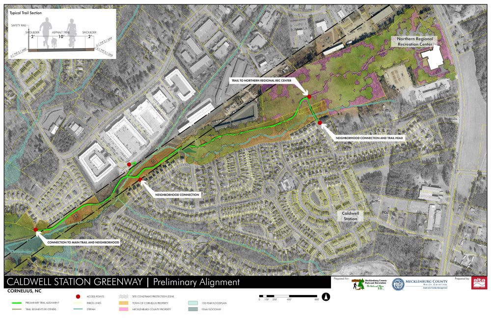 Map of Caldwell Trib Greenway showing trail location, connections to neighborhoods and general corridor information.