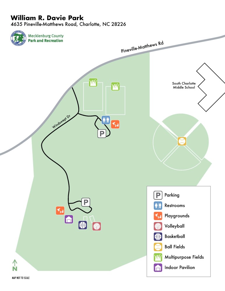 Map of William Davie Park that shows amenities: restrooms, playgrounds, volleyball, basketball, ball fields, pavilion, and fields.