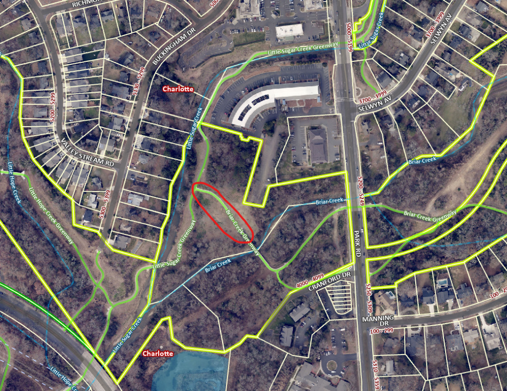 Map showing closure section at Briar Creek Greenway.