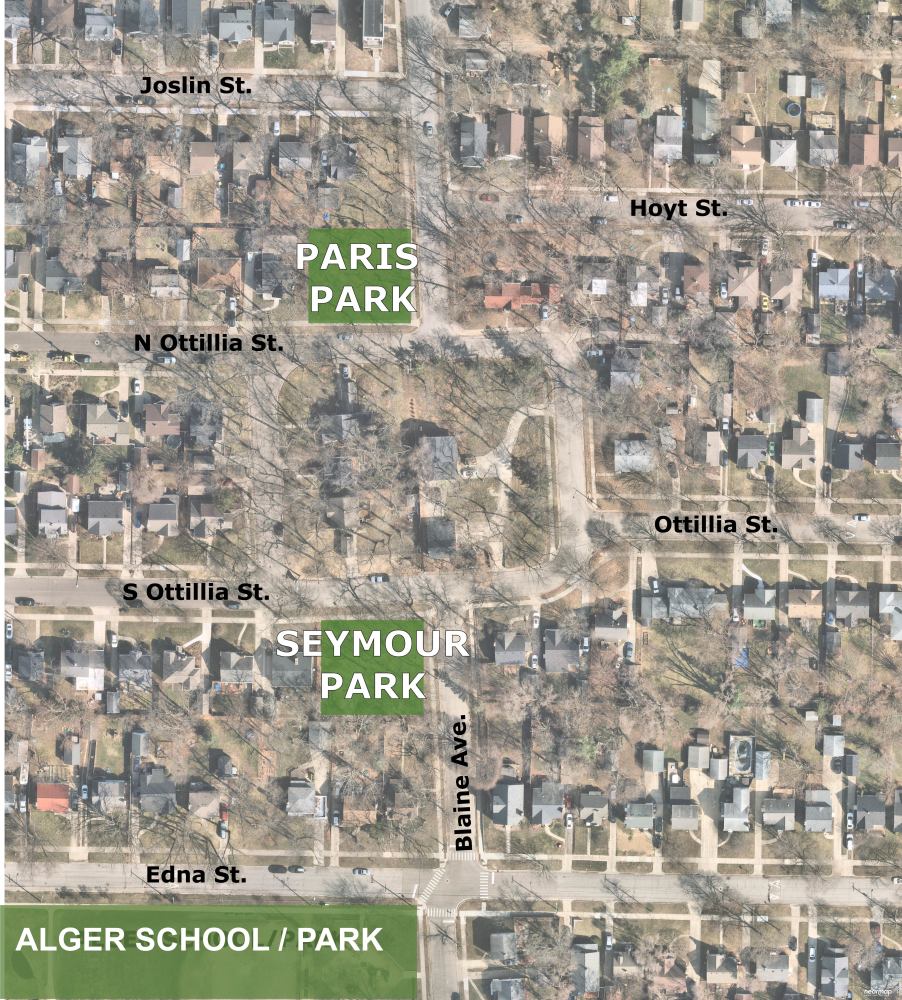 Aerial image of Paris Park (943 No Ottillia SE) and Seymour Park (942 S Ottillia SE)